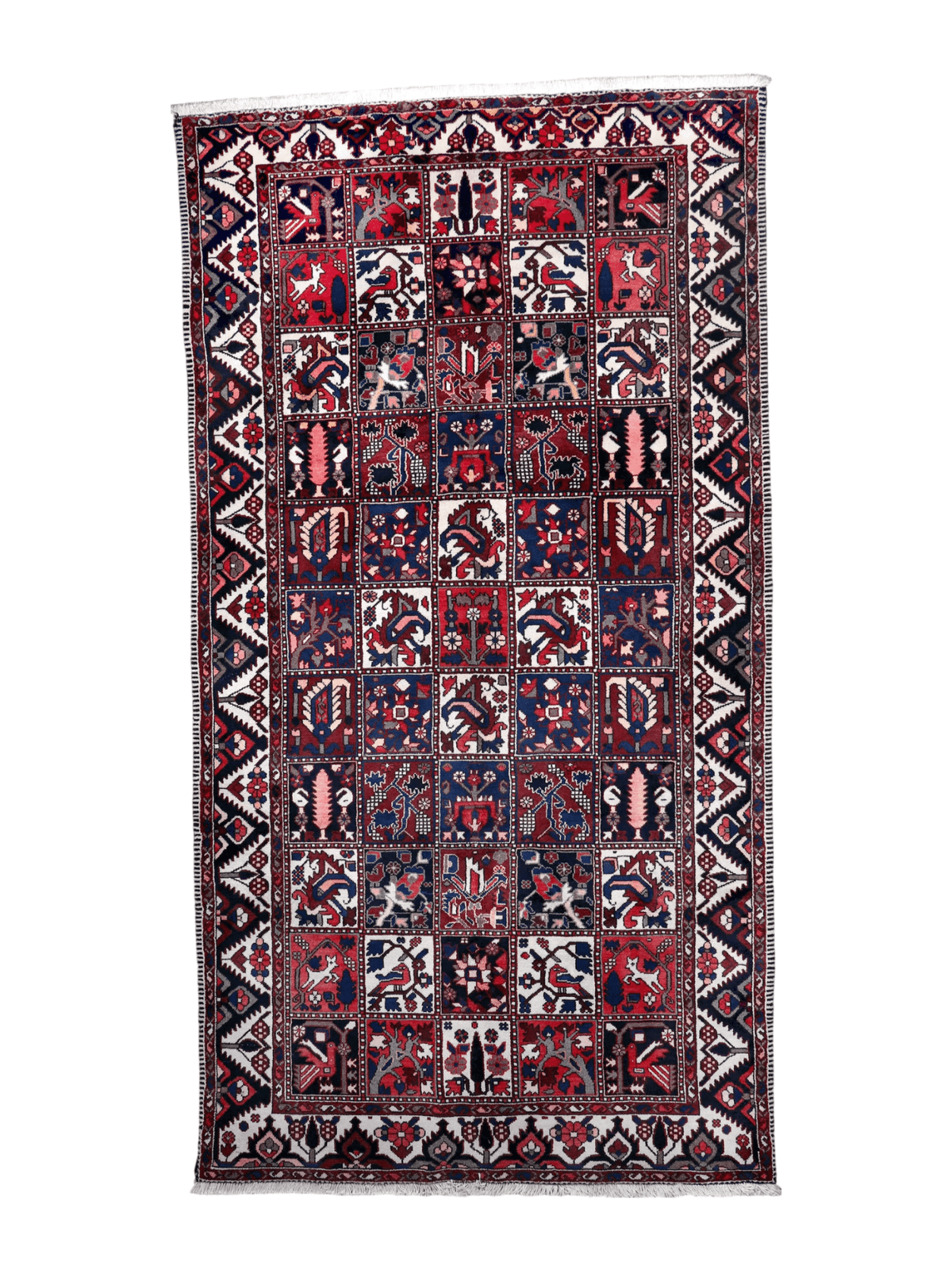 Persischer Bakhtiari-Teppich — Paneele mit Vögeln und Zypressengarten | 5'1" × 9'6"