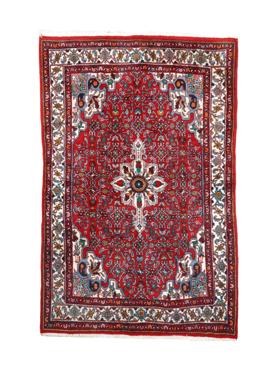 Persian Bidjar Rug — Crimson & Ivory Floral Medallion | 3'5" × 5'3"