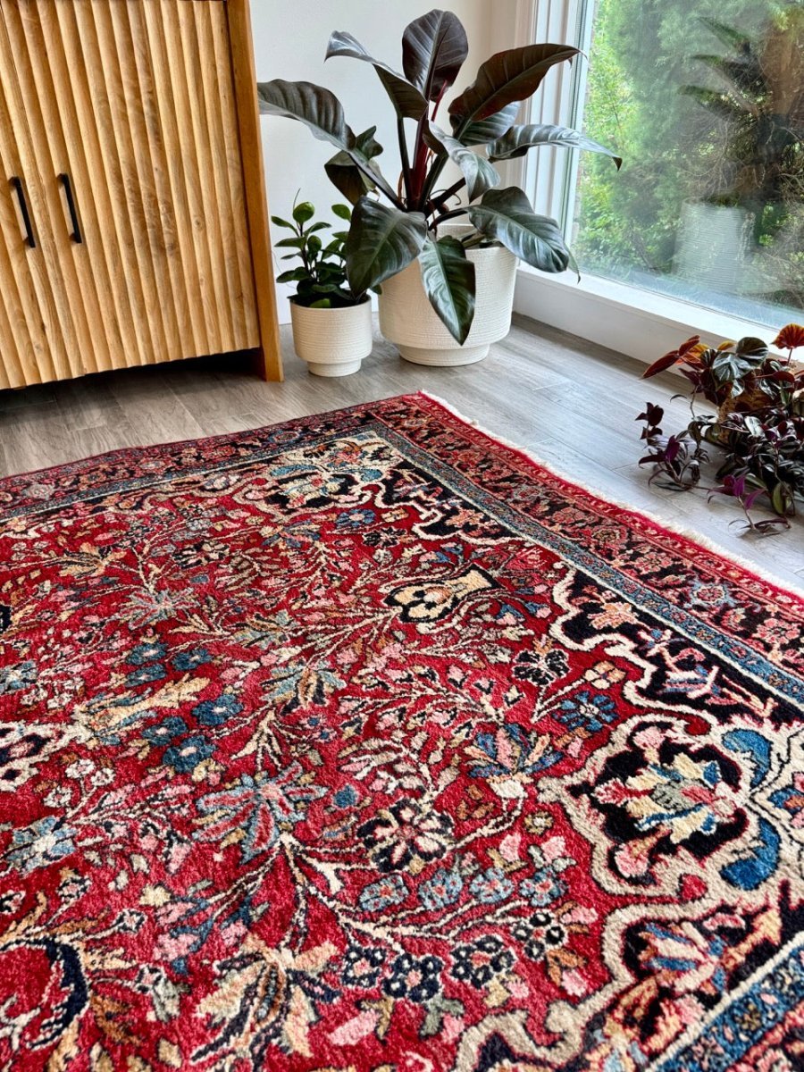 Persian Bidjar Rug — Ruby & Powder Blue Floral Medallion | 5'1" × 9'2"