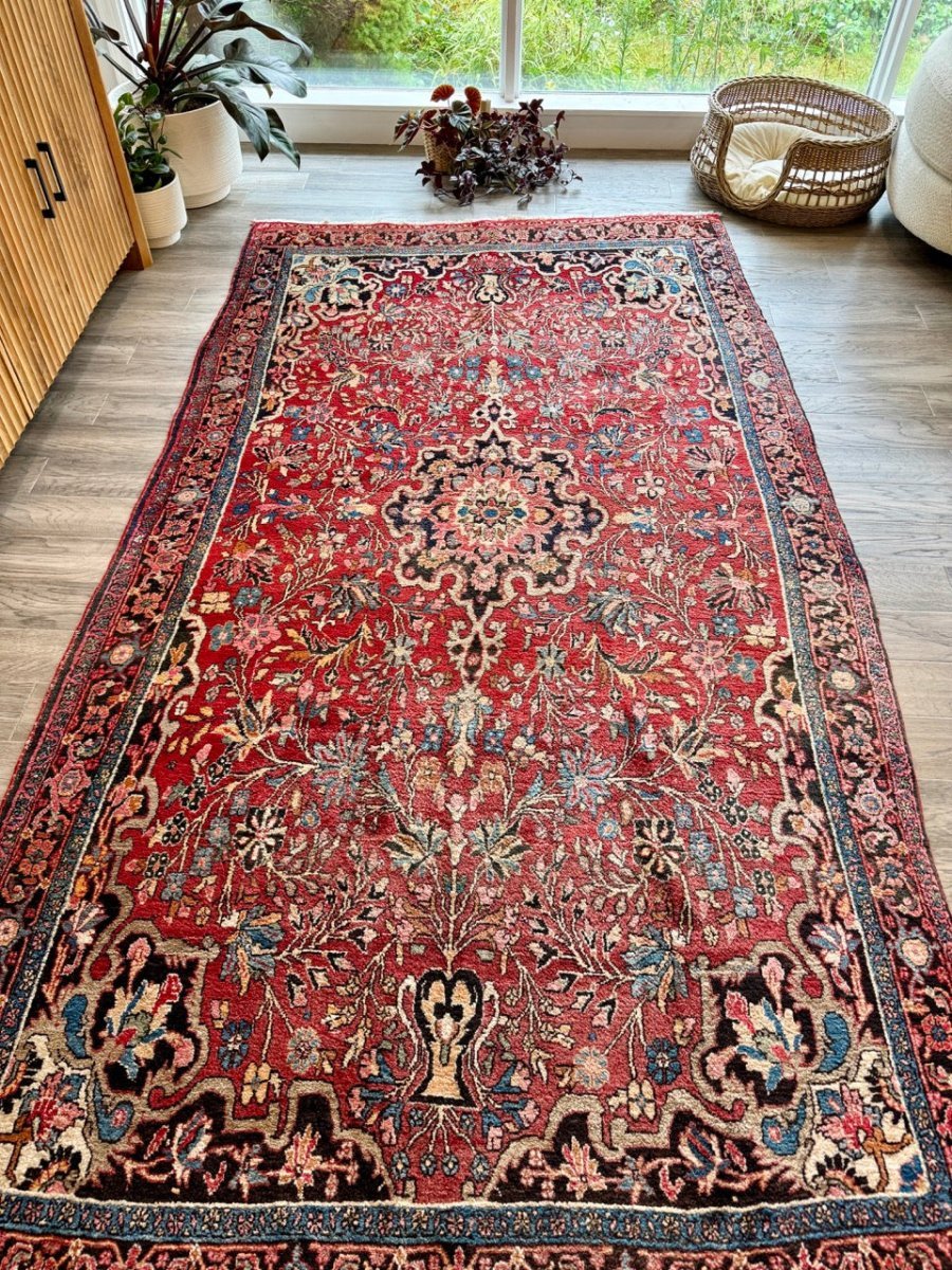 Persian Bidjar Rug — Ruby & Powder Blue Floral Medallion | 5'1" × 9'2"