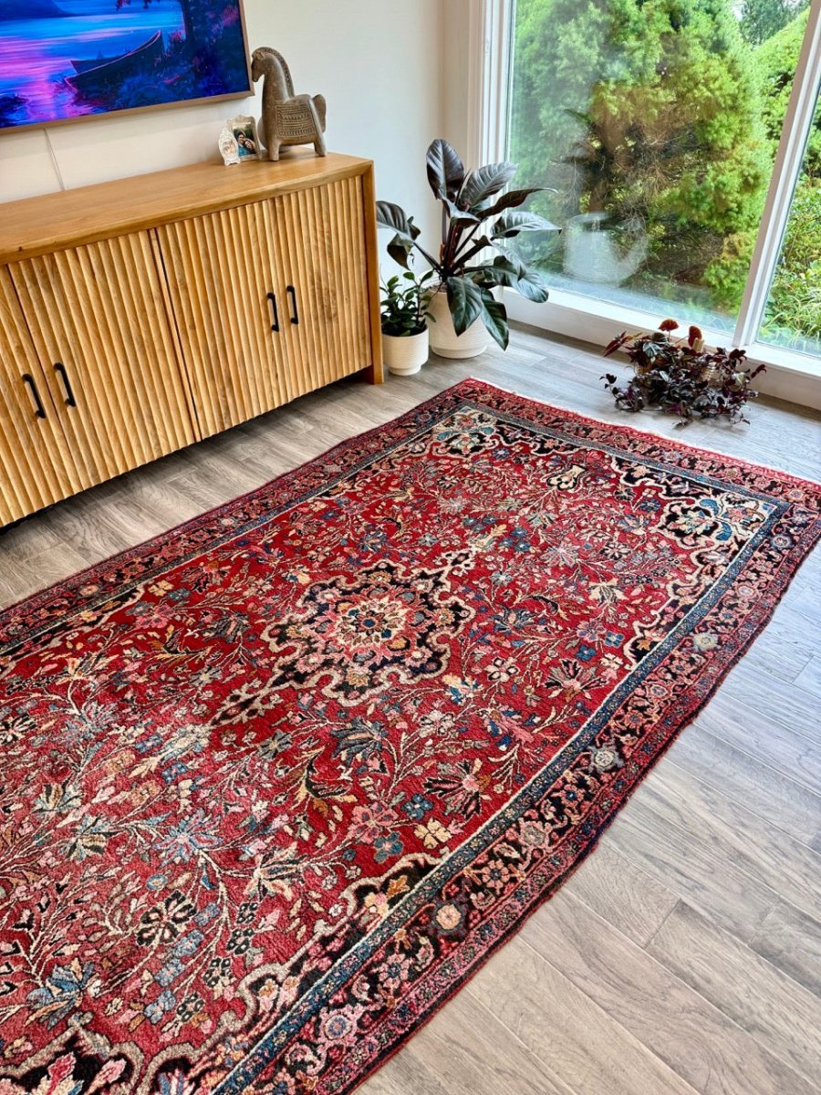Persian Bidjar Rug — Ruby & Powder Blue Floral Medallion | 5'1" × 9'2"
