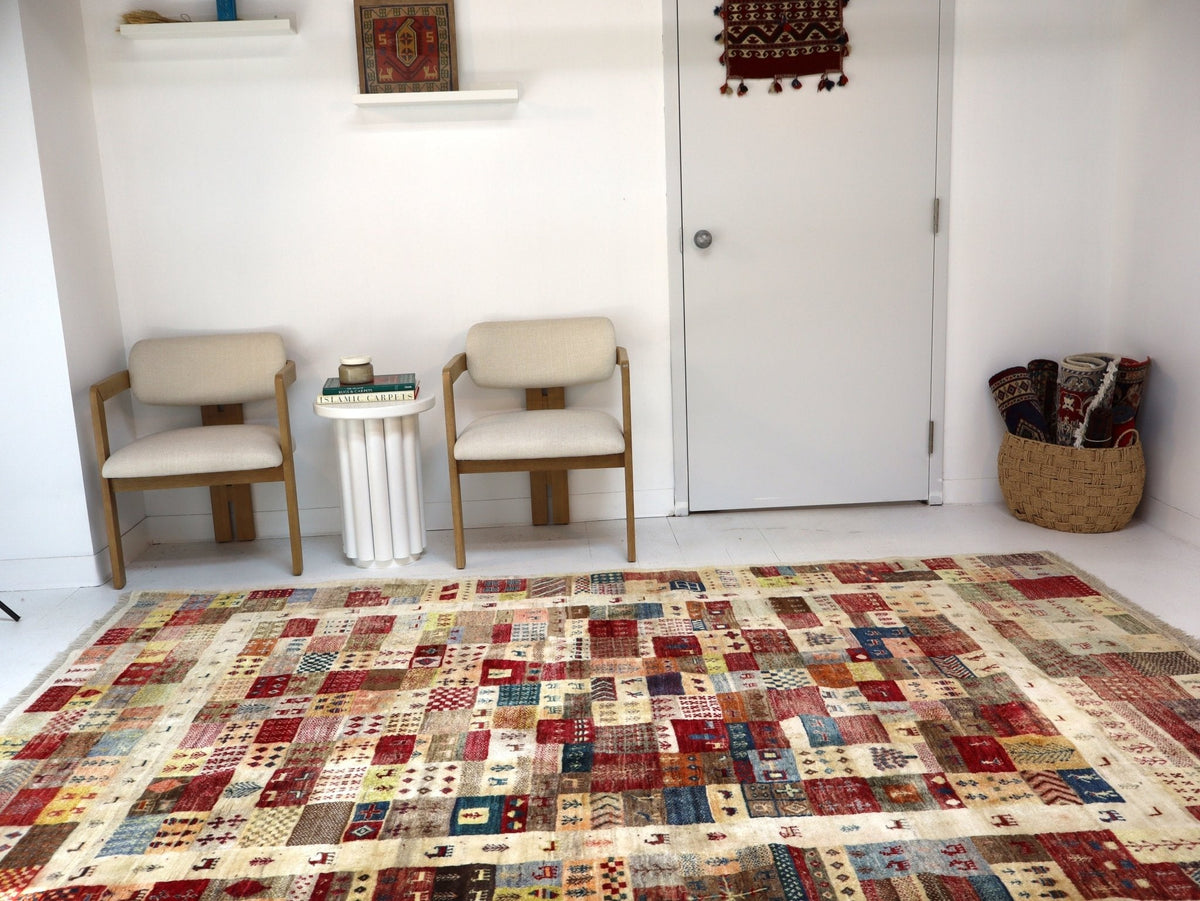 Persian Gabbeh Rug — Colorful Village Mosaic | 6'3" × 9'7"