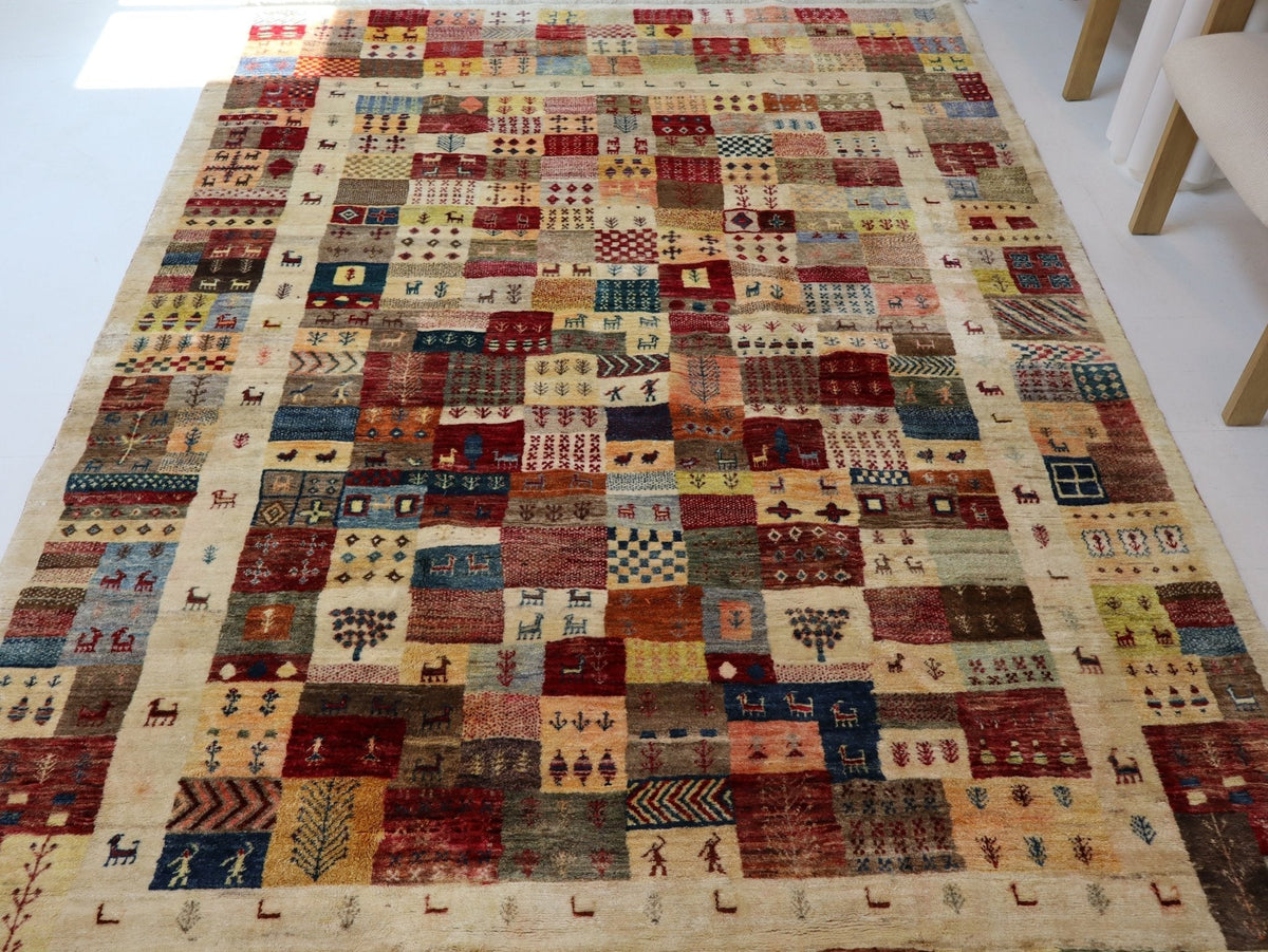 Persian Gabbeh Rug — Colorful Village Mosaic | 6'3" × 9'7"