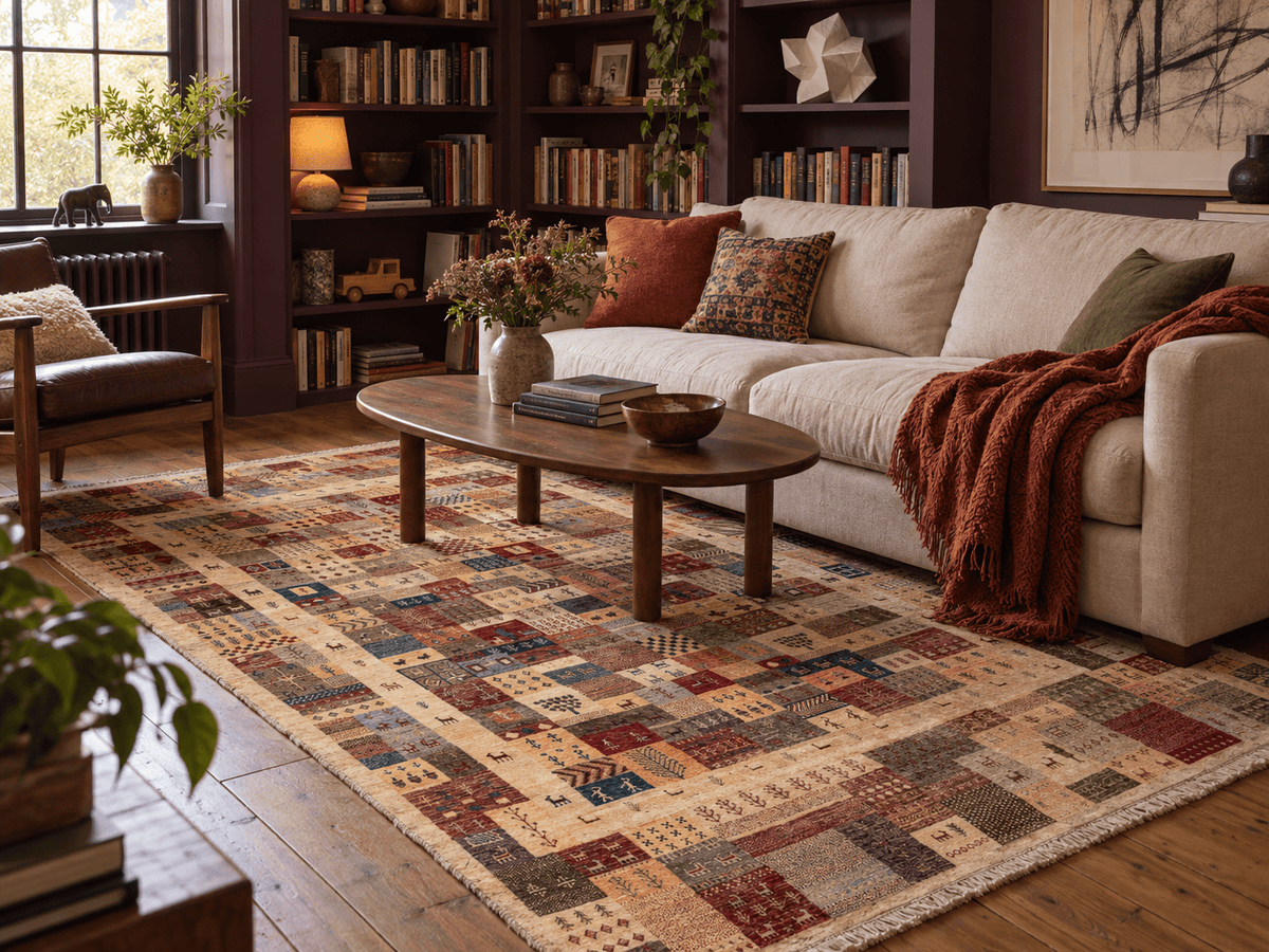 Persian Gabbeh Rug — Colorful Village Mosaic | 6'3" × 9'7"