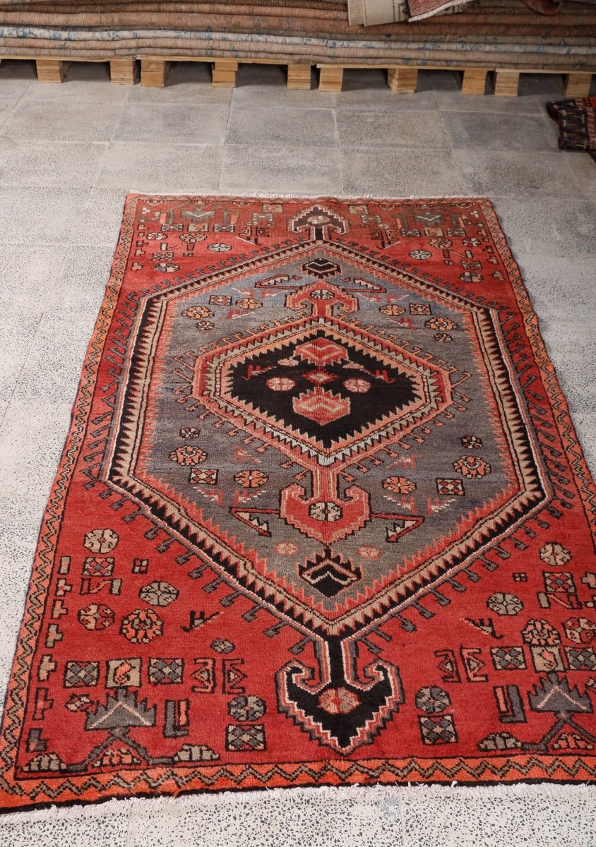Persian Zanjan Rug — Coral & Slate Nested Medallions | 3'8" × 7'