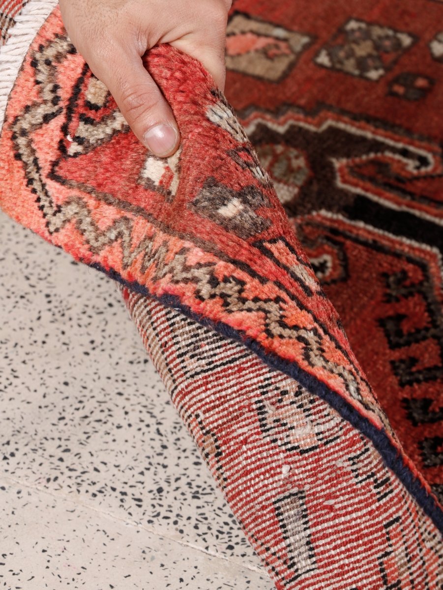 Persian Zanjan Rug — Coral & Slate Nested Medallions | 3'8" × 7'