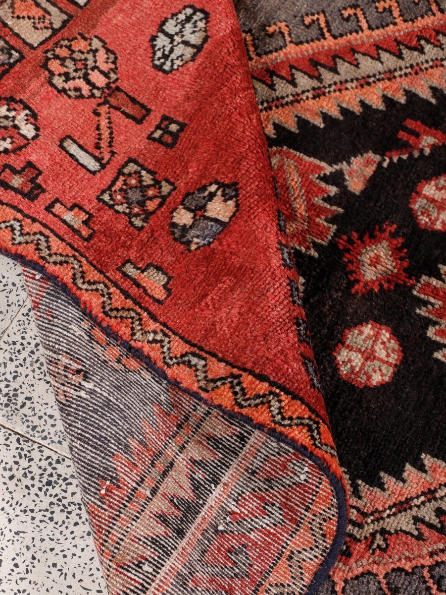 Persian Zanjan Rug — Coral & Slate Nested Medallions | 3'8" × 7'