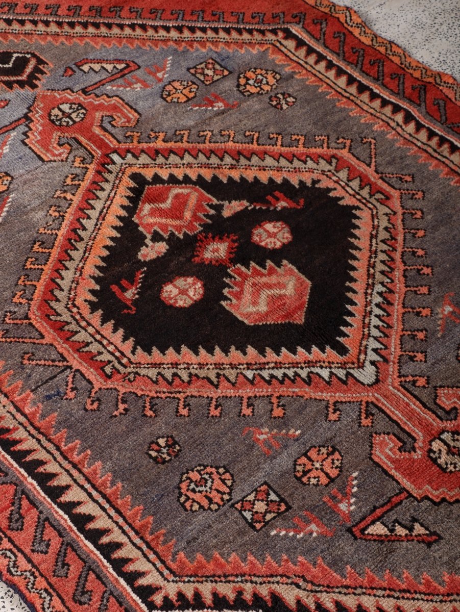 Persian Zanjan Rug — Coral & Slate Nested Medallions | 3'8" × 7'