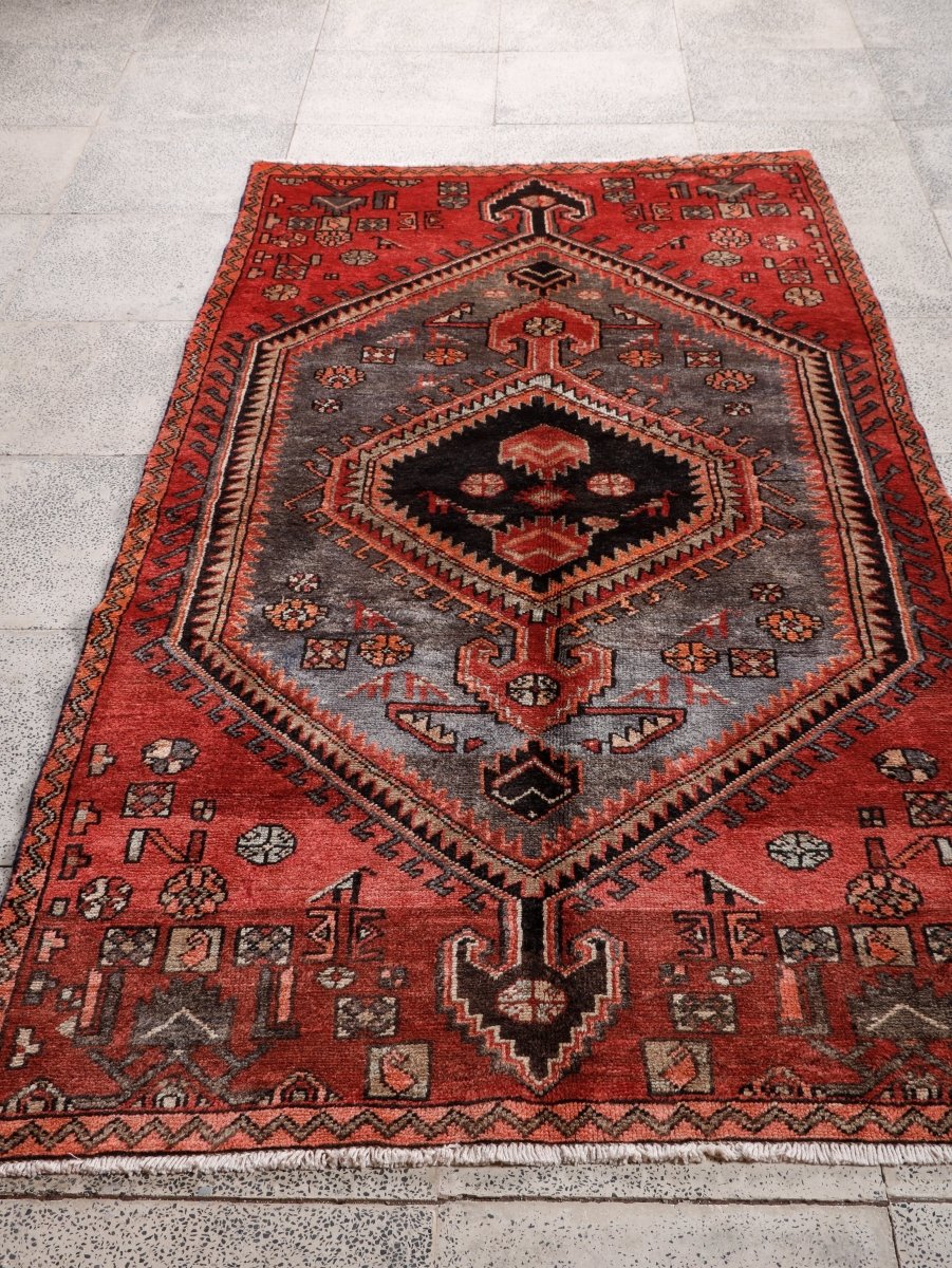 Persian Zanjan Rug — Coral & Slate Nested Medallions | 3'8" × 7'