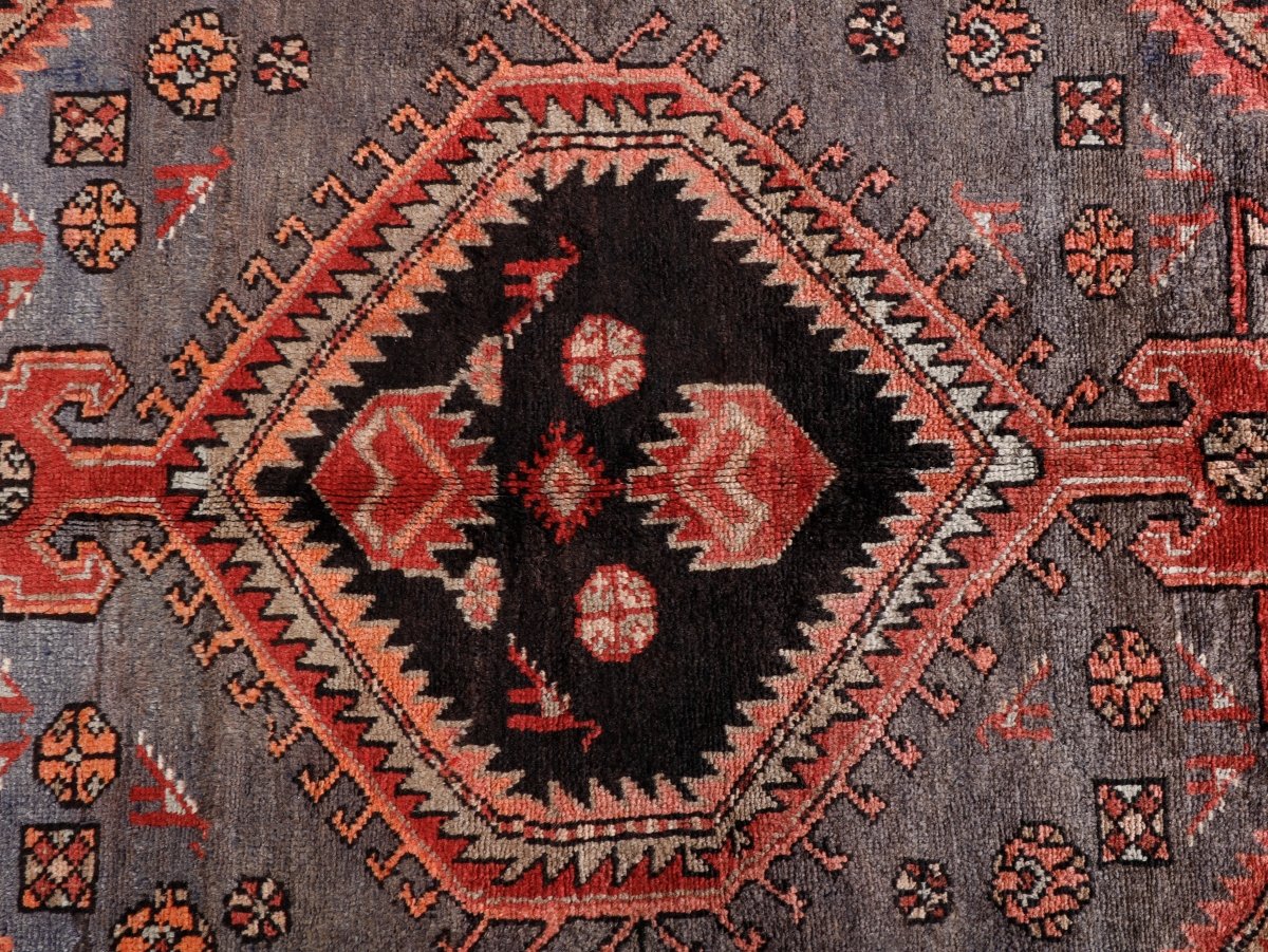 Persian Zanjan Rug — Coral & Slate Nested Medallions | 3'8" × 7'