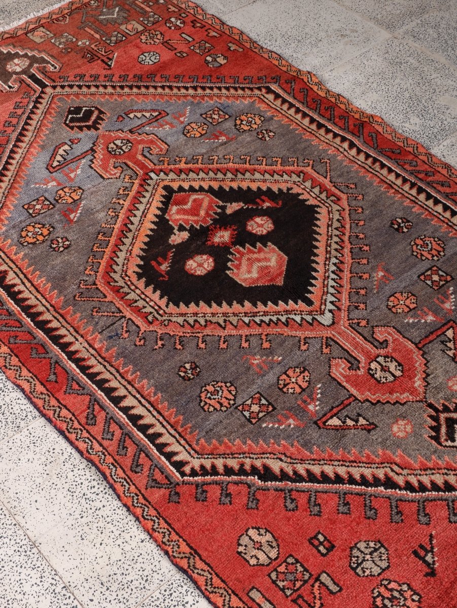 Persian Zanjan Rug — Coral & Slate Nested Medallions | 3'8" × 7'