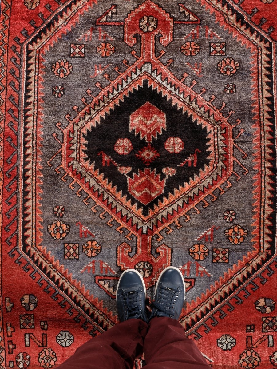 Persian Zanjan Rug — Coral & Slate Nested Medallions | 3'8" × 7'