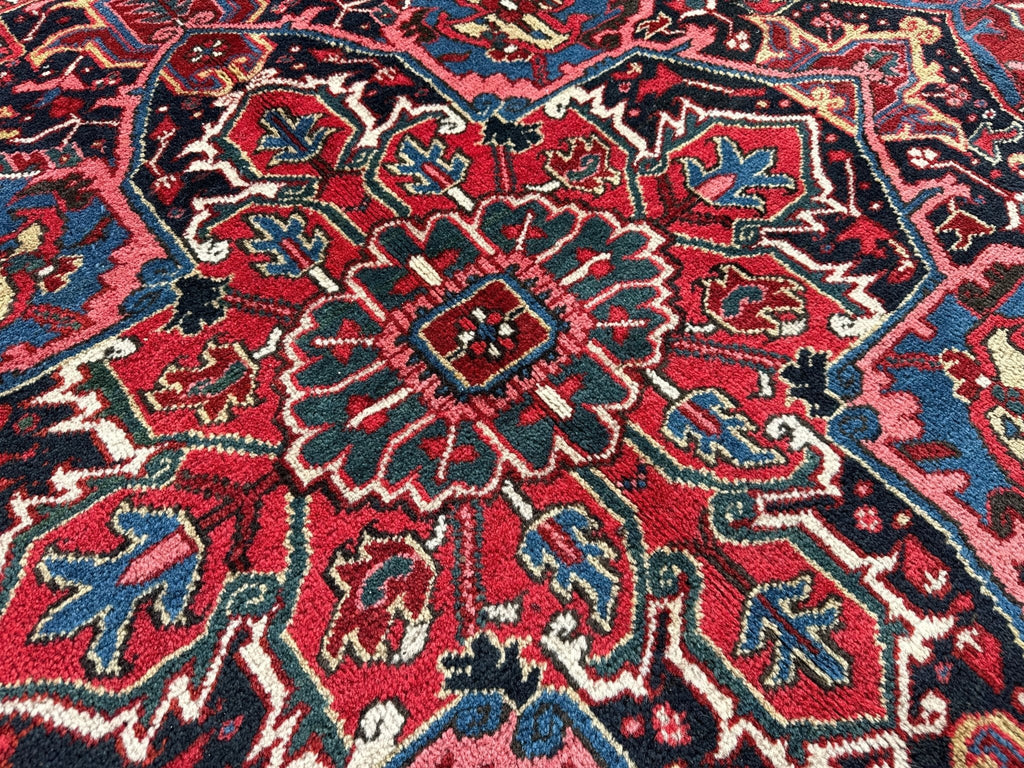 Persian Heriz Rug — Ruby Red & Indigo Star Medallion | 8'3" × 11'