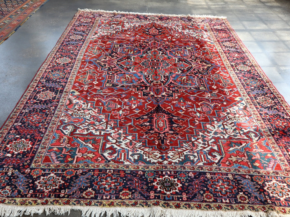 Persian Heriz Rug — Ruby Red & Indigo Star Medallion | 8'3" × 11'
