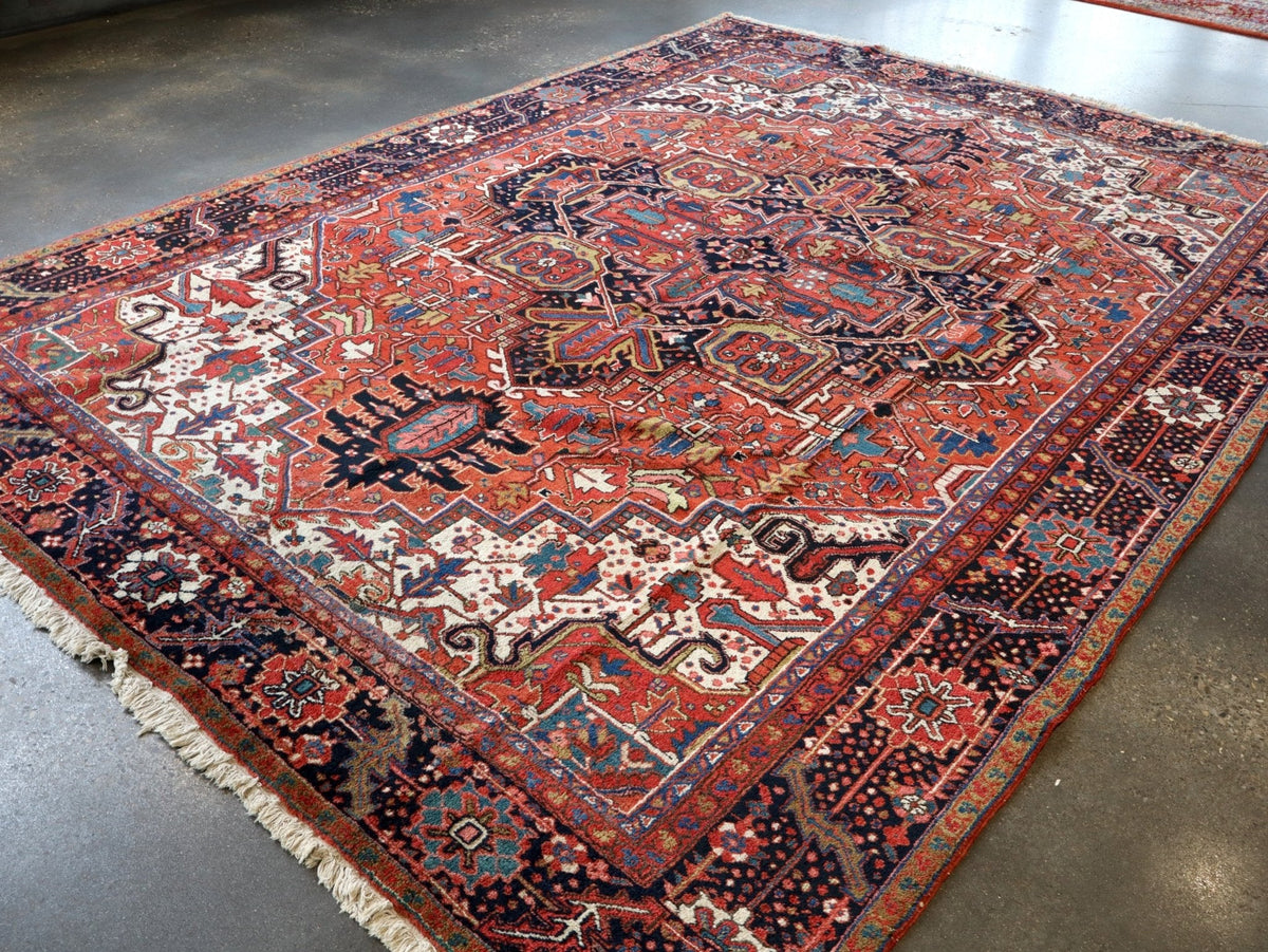 Persischer Khuniq-Heriz-Teppich — Kamel- und blaues, Tajeri-inspiriertes Design | 9'5" × 12'10"