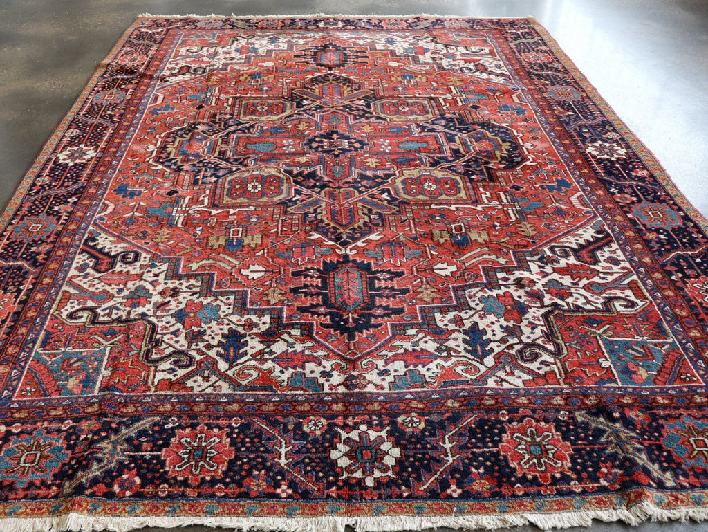 Persischer Khuniq-Heriz-Teppich — Kamel- und blaues, Tajeri-inspiriertes Design | 9'5" × 12'10"