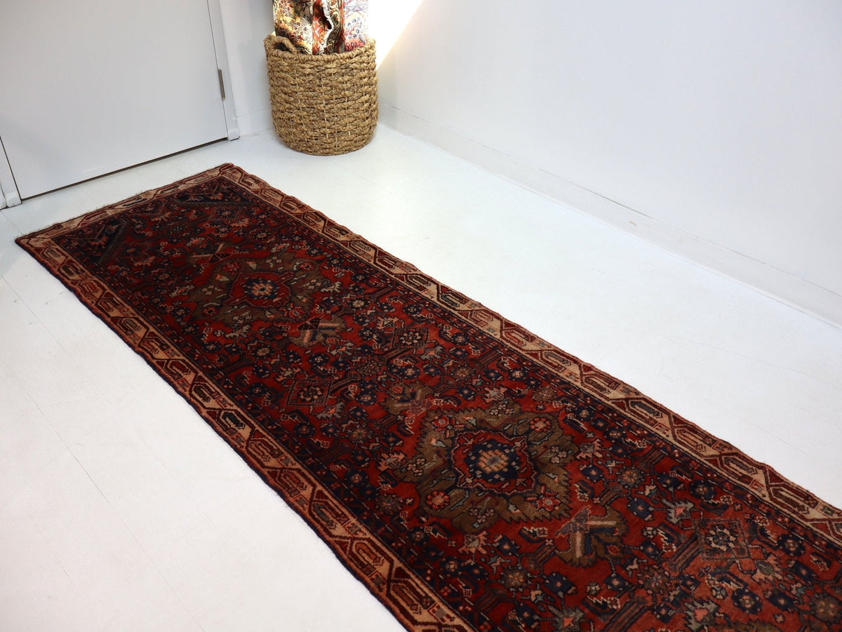Persian Hosseinabad Runner — Brick Red & Olive Medallions | 3'2" × 12'6"
