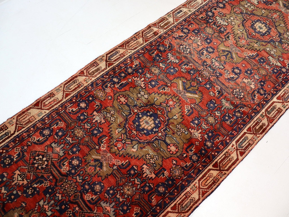 Persian Hosseinabad Runner — Brick Red & Olive Medallions | 3'2" × 12'6"