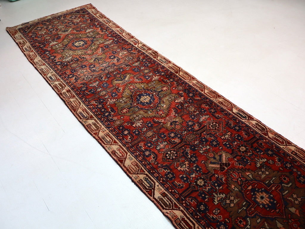 Persian Hosseinabad Runner — Brick Red & Olive Medallions | 3'2" × 12'6"