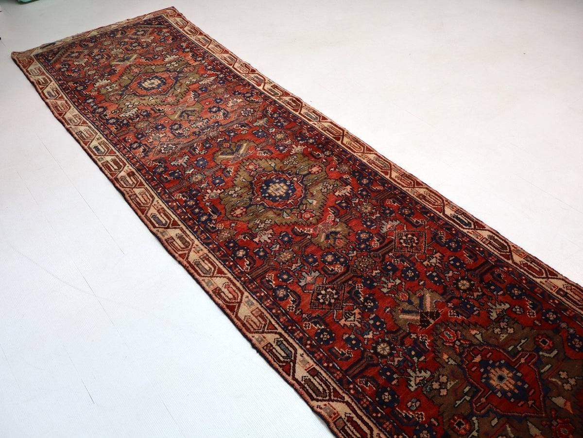 Persian Hosseinabad Runner — Brick Red & Olive Medallions | 3'2" × 12'6"
