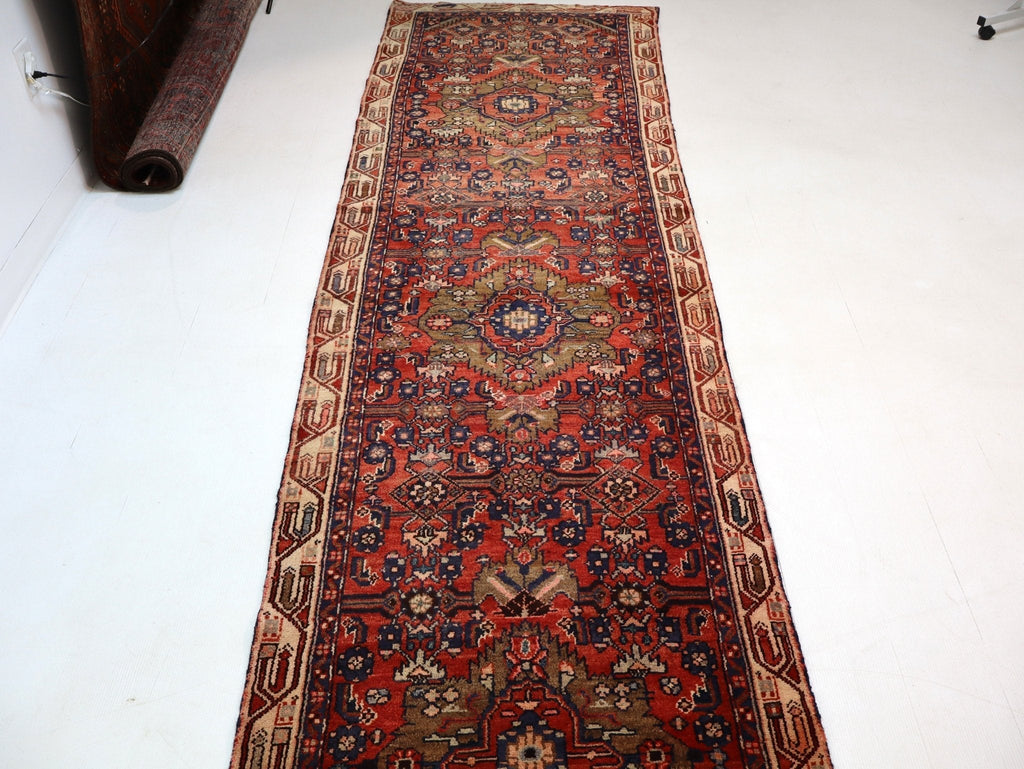 Persian Hosseinabad Runner — Brick Red & Olive Medallions | 3'2" × 12'6"