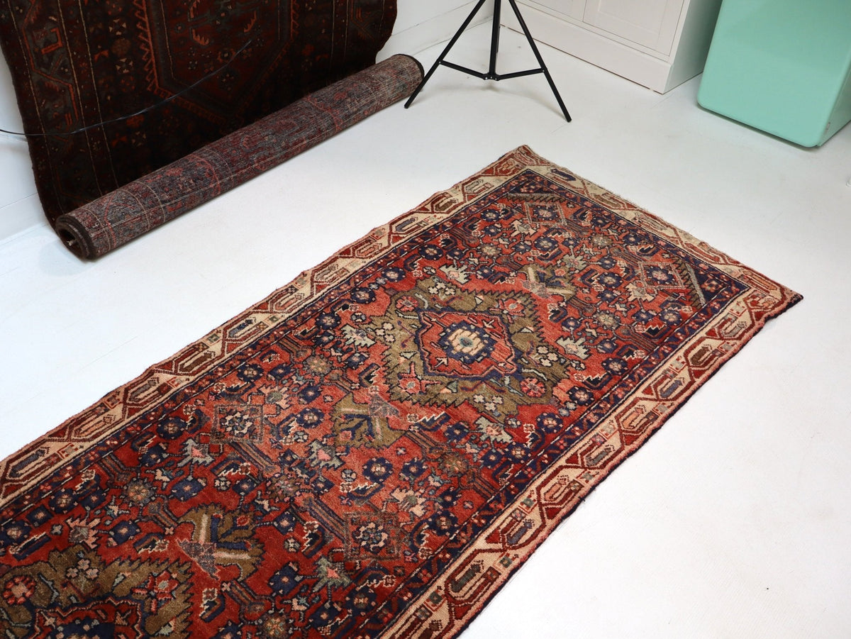 Persian Hosseinabad Runner — Brick Red & Olive Medallions | 3'2" × 12'6"