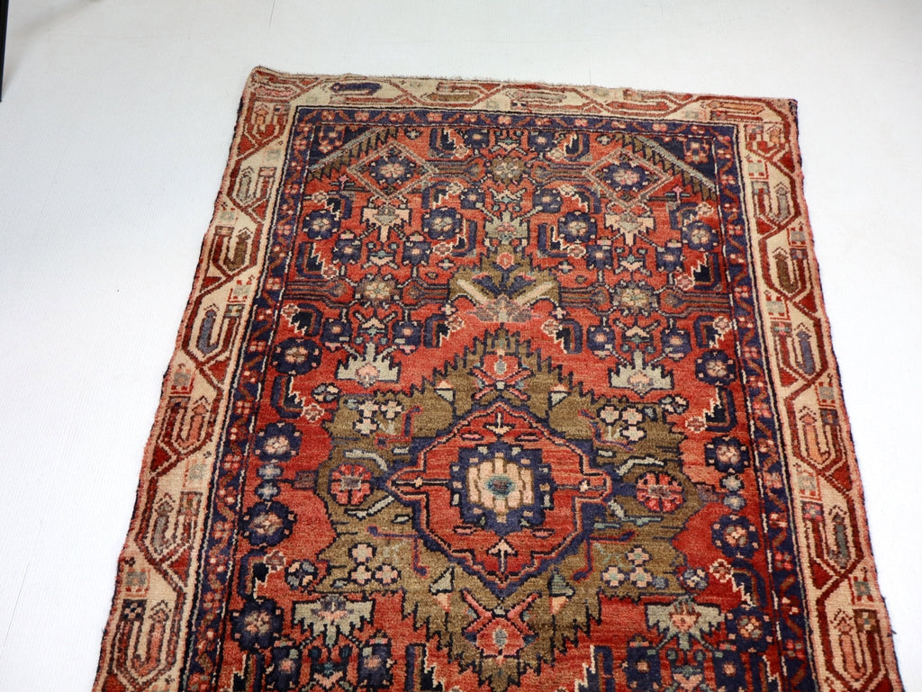 Persian Hosseinabad Runner — Brick Red & Olive Medallions | 3'2" × 12'6"