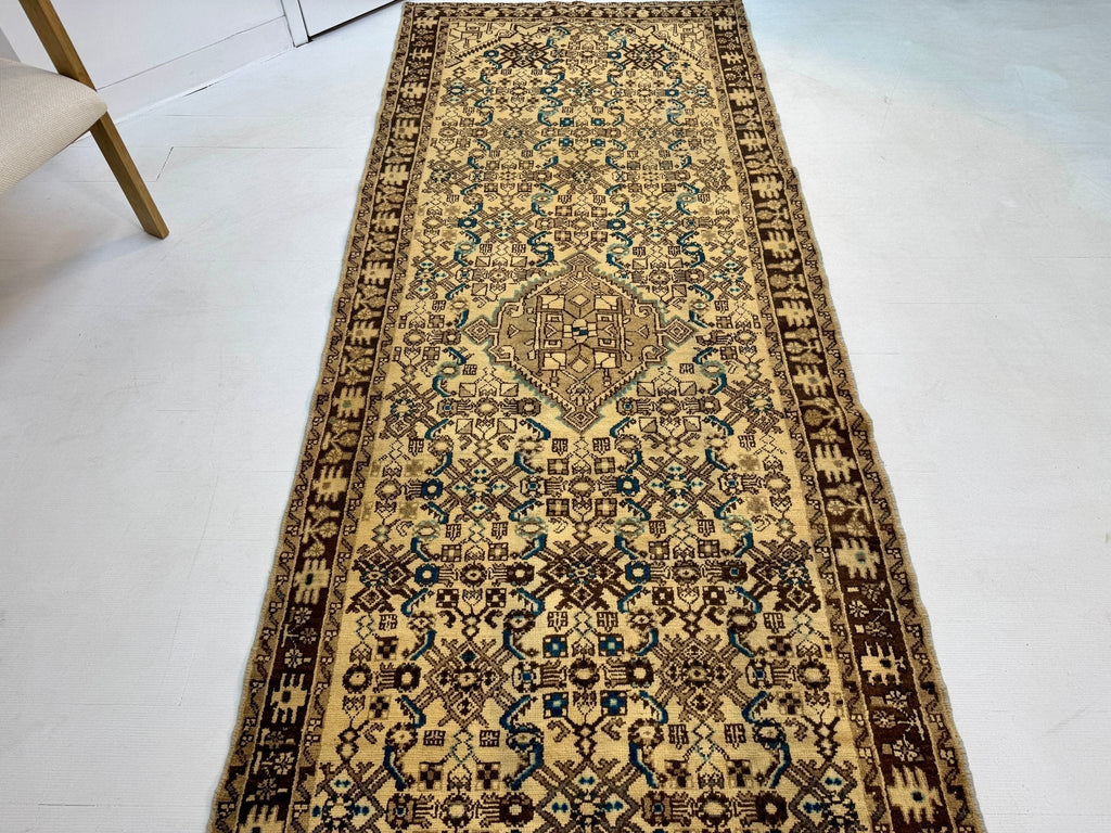 Persian Hosseinabad Runner — Ivory & Walnut Herati | 3'8" × 10'2"