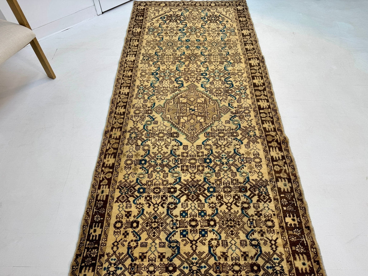 Persian Hosseinabad Runner — Ivory & Walnut Herati | 3'8" × 10'2"