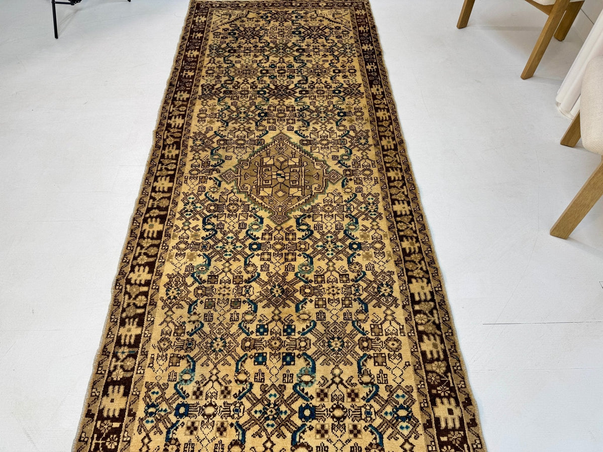 Persian Hosseinabad Runner — Ivory & Walnut Herati | 3'8" × 10'2"
