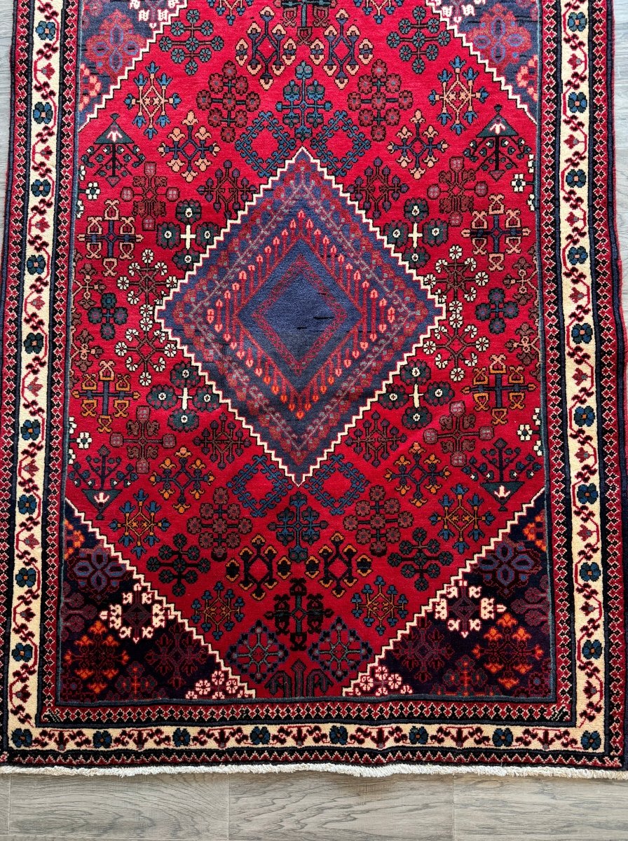 Persian Joshaqan Rug — Crimson & Indigo Toranj Medallion | 3'10" × 5'10"