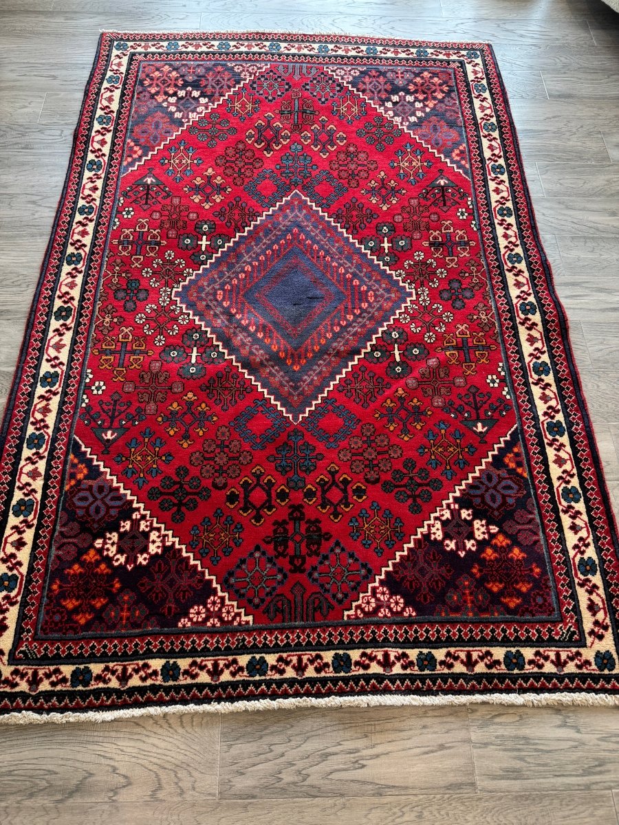 Persian Joshaqan Rug — Crimson & Indigo Toranj Medallion | 3'10" × 5'10"
