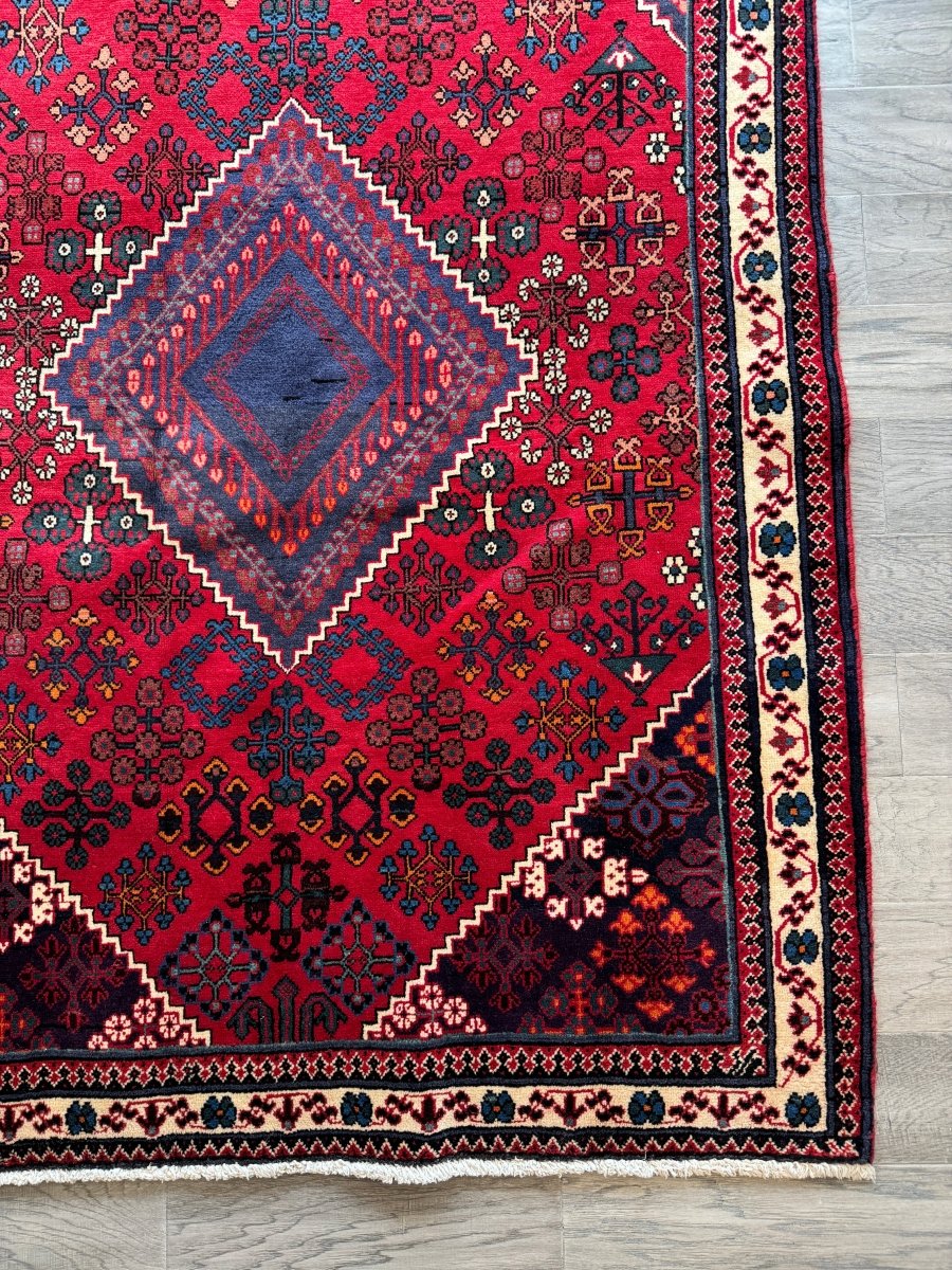 Persian Joshaqan Rug — Crimson & Indigo Toranj Medallion | 3'10" × 5'10"