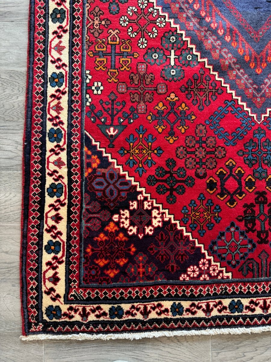 Persian Joshaqan Rug — Crimson & Indigo Toranj Medallion | 3'10" × 5'10"