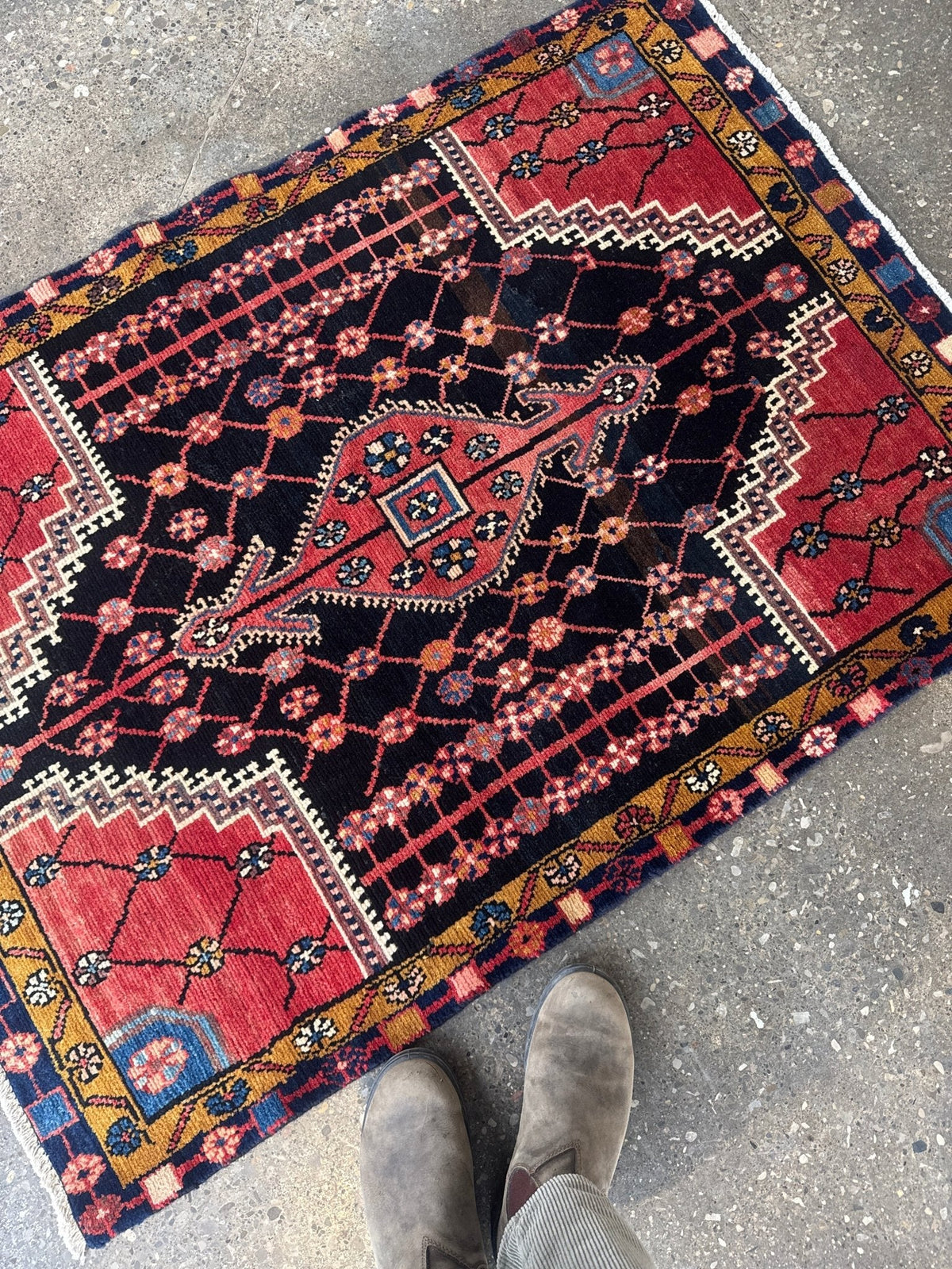 Jozan-Teppich — Korallenfarbenes florales Gittermuster auf Mitternachtsblau | 3'3" × 4'6"