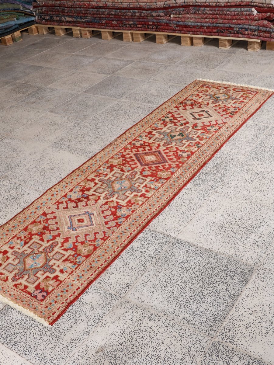 Persian Karaja Runner — Soft Coral & Ivory Geometry | 2'2" × 7'10"