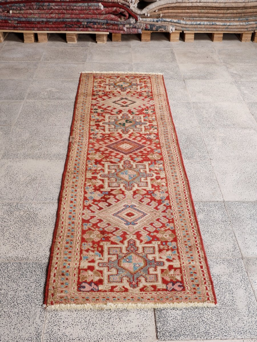Persian Karaja Runner — Soft Coral & Ivory Geometry | 2'2" × 7'10"