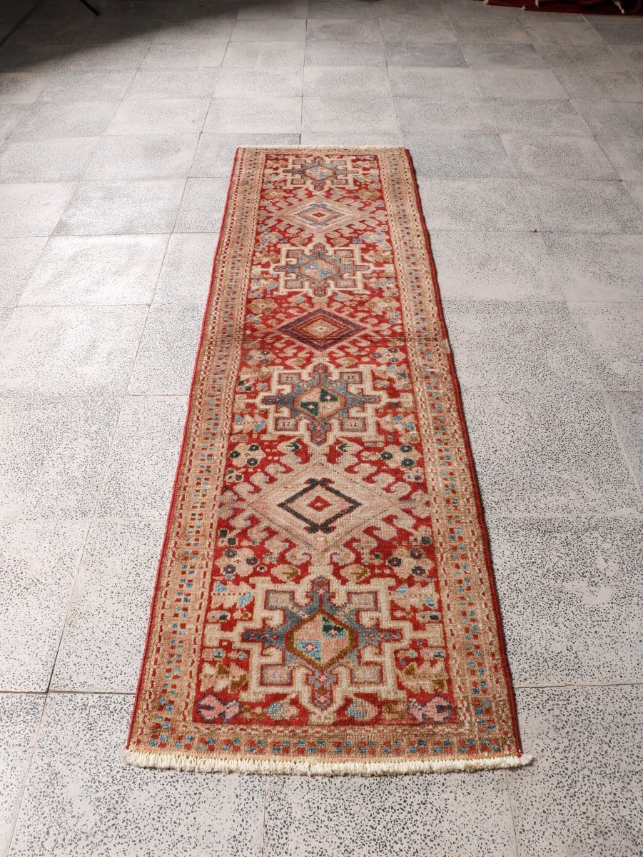Persian Karaja Runner — Soft Coral & Ivory Geometry | 2'2" × 7'10"