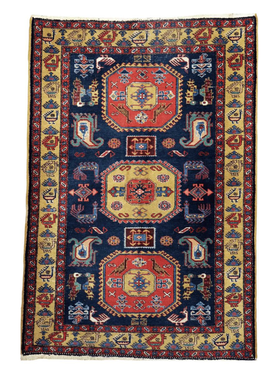 Persian Meshkin Rug — Saffron Medallions & Tribal Birds | 4'7" × 6'9"
