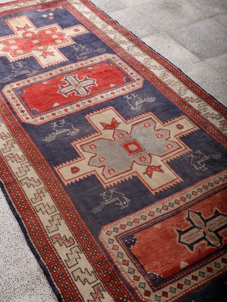Northwest Persian Runner — Indigo Medallions & Rooster Motifs | 3'11" × 10'7"