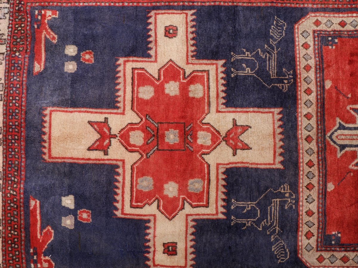 Northwest Persian Runner — Indigo Medallions & Rooster Motifs | 3'11" × 10'7"