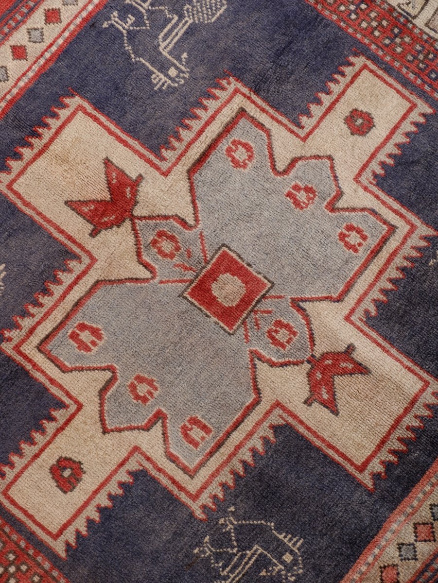 Northwest Persian Runner — Indigo Medallions & Rooster Motifs | 3'11" × 10'7"