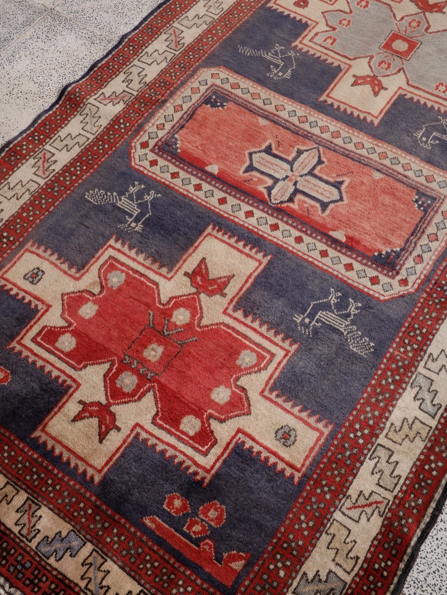 Northwest Persian Runner — Indigo Medallions & Rooster Motifs | 3'11" × 10'7"