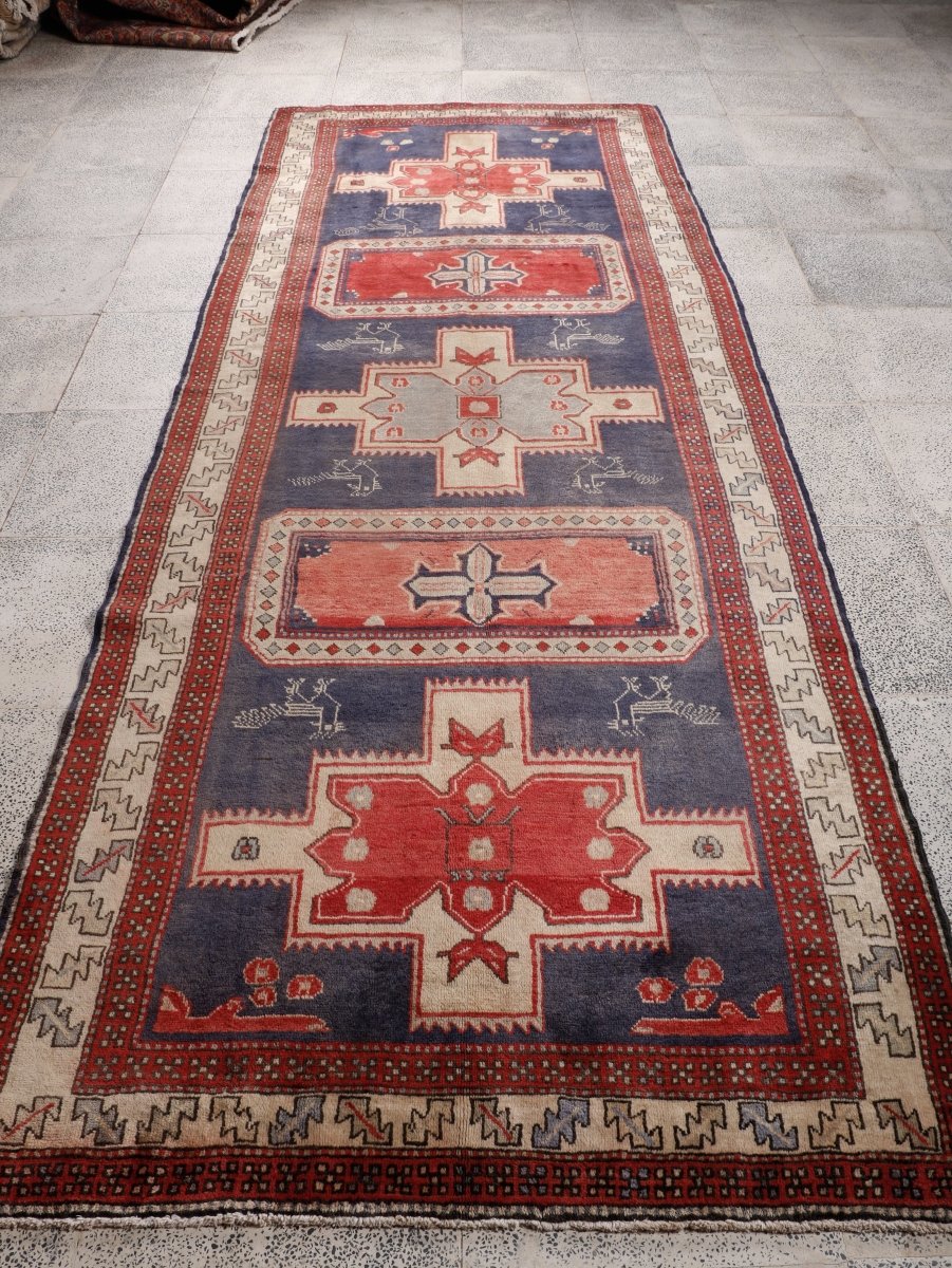 Northwest Persian Runner — Indigo Medallions & Rooster Motifs | 3'11" × 10'7"
