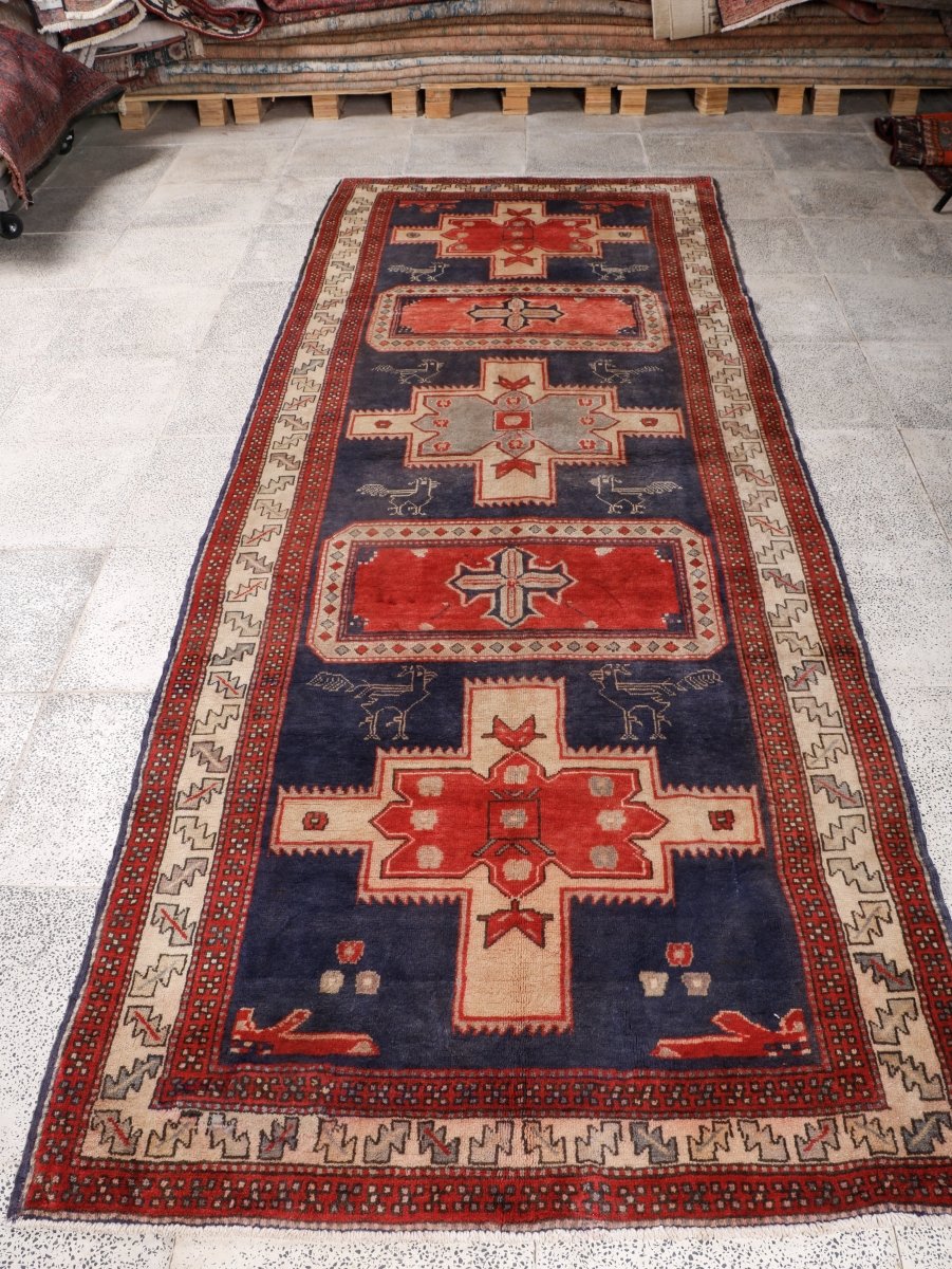 Northwest Persian Runner — Indigo Medallions & Rooster Motifs | 3'11" × 10'7"