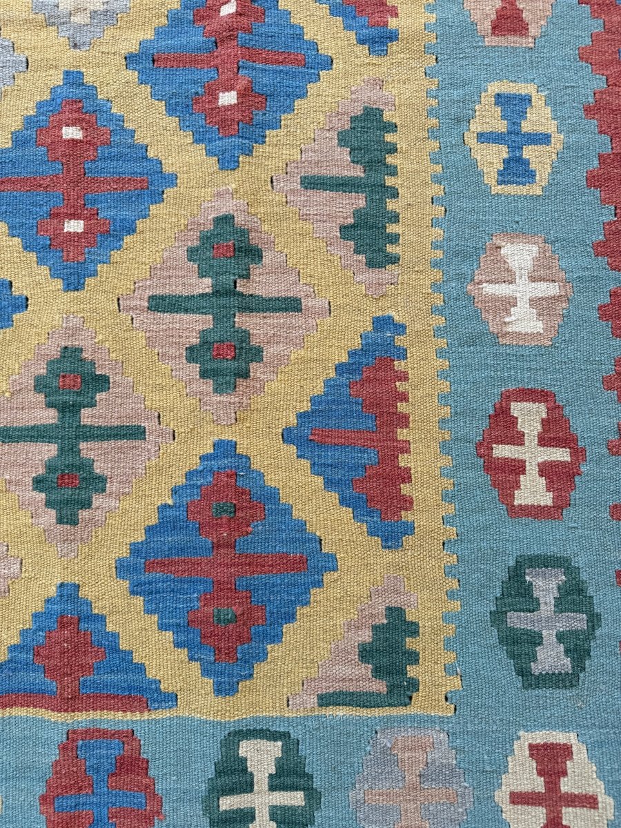 Qashqai Kilim — Saffron & Sky Blue Geometry | 3'11" × 5'9"