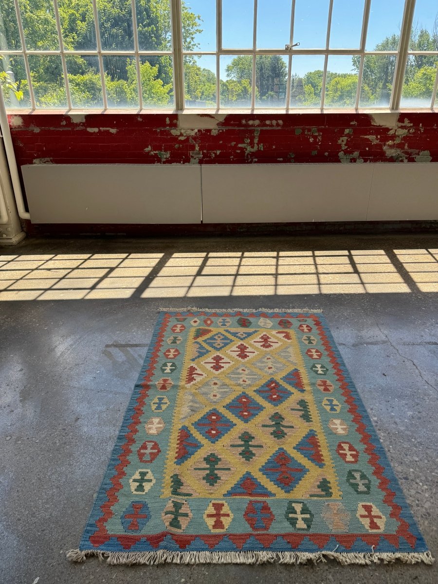 Qashqai Kilim — Saffron & Sky Blue Geometry | 3'11" × 5'9"