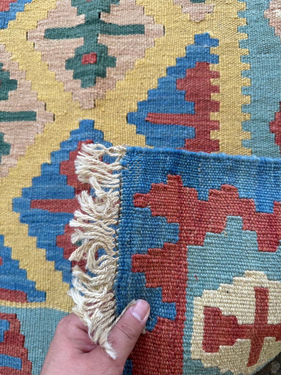 Qashqai Kilim — Saffron & Sky Blue Geometry | 3'11" × 5'9"