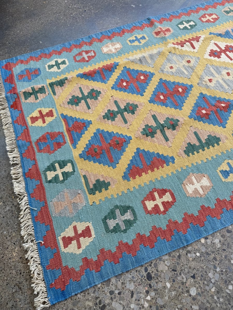 Qashqai Kilim — Saffron & Sky Blue Geometry | 3'11" × 5'9"