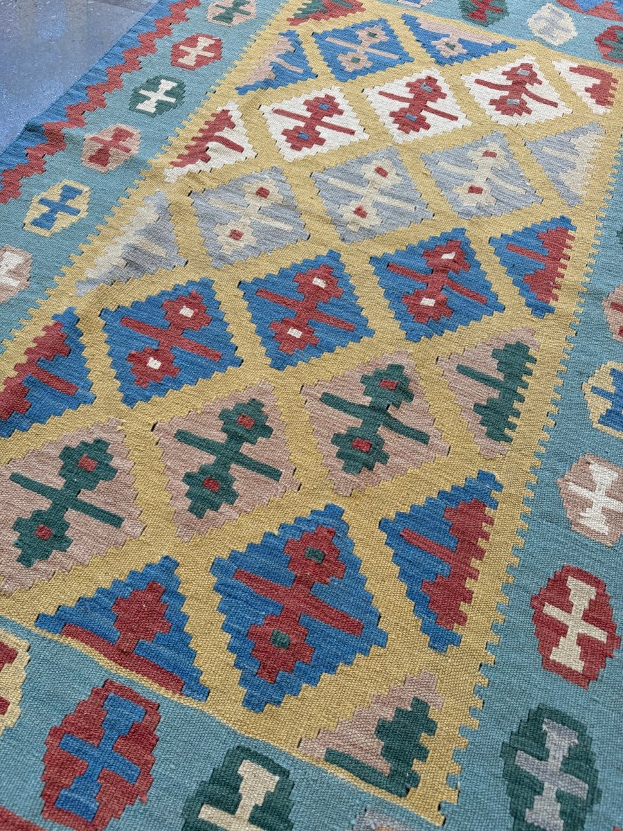 Qashqai Kilim — Saffron & Sky Blue Geometry | 3'11" × 5'9"